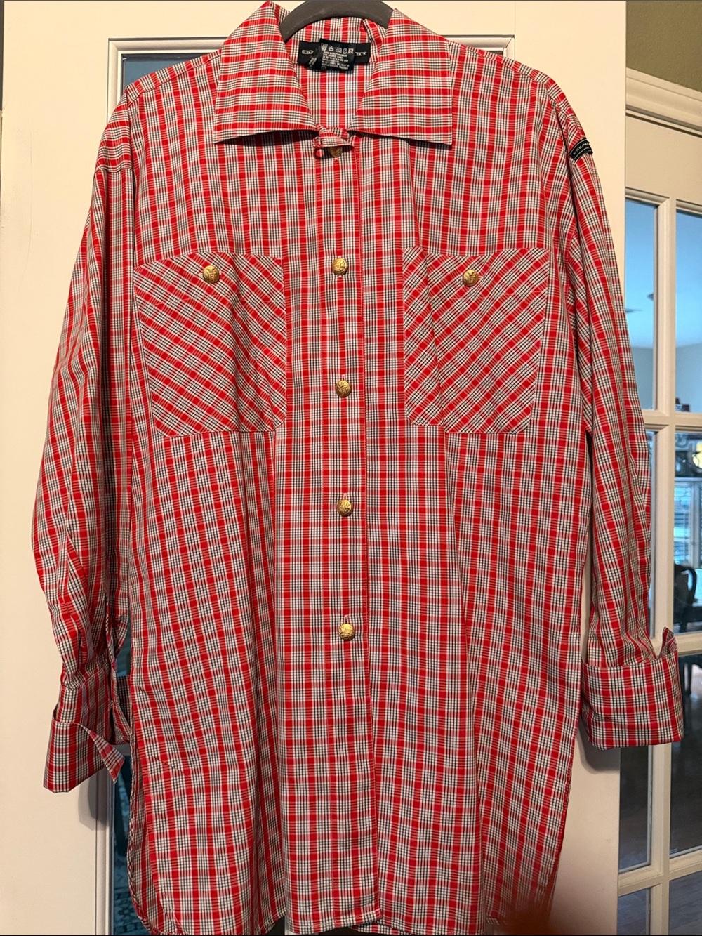 Escada Sport Red and White Checked Button-Up Tunic with Gold Buttons